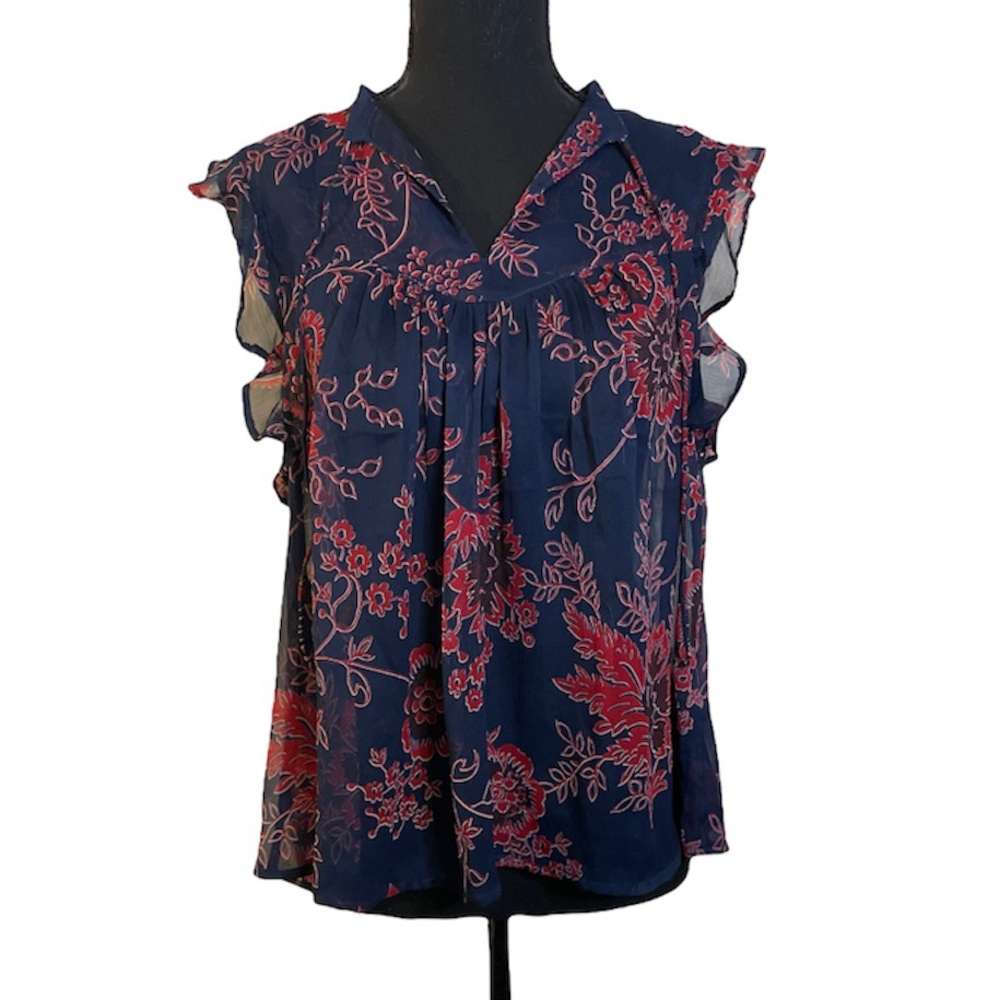NWOT Lucky Brand Semi-Sheer Floral Blouse w/ Ruffle Cap Sleeves